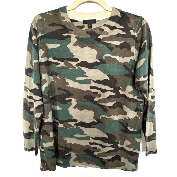 J.Crew Women’s 100% Merino Wool Crew Neck Sweater In Green/Brown Camo Size: XL - Picture 4 of 6